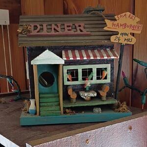 Rustic Diner Birdhouse with Red and Green Accents